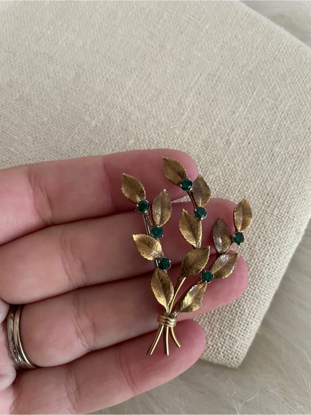 Vintage Gold Leaf floral Bouquet Brooch with Emerald Green Stones